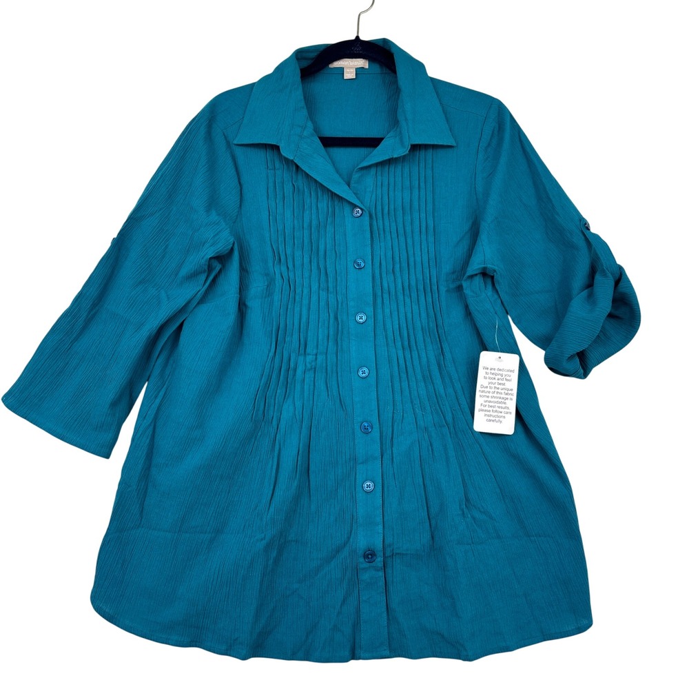 Woman Within Pintuck Button Down Tunic Women 18/20 L Teal Cotton Gauze Roll Tab
